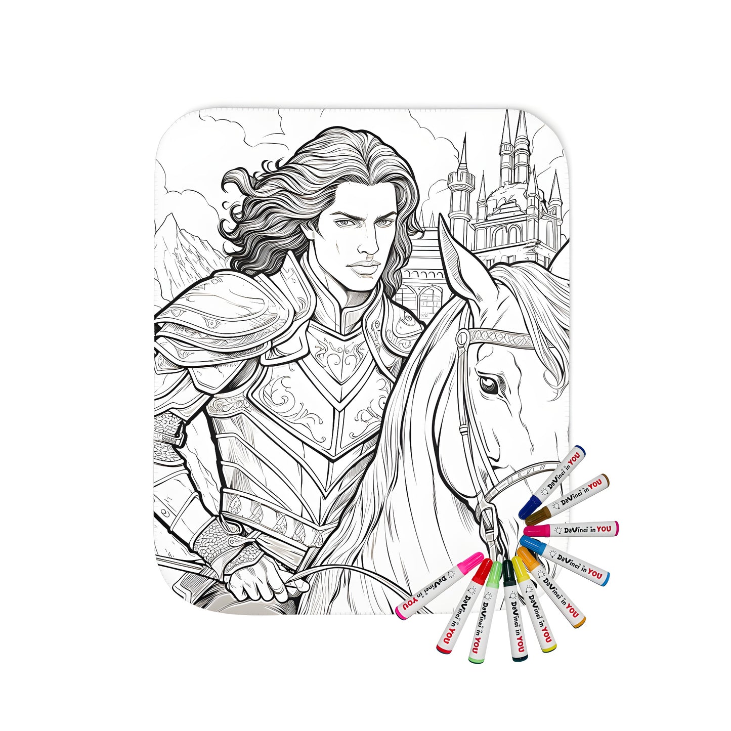 Coloring blanket featuring a knight in armor riding a horse, set against a castle and mountains