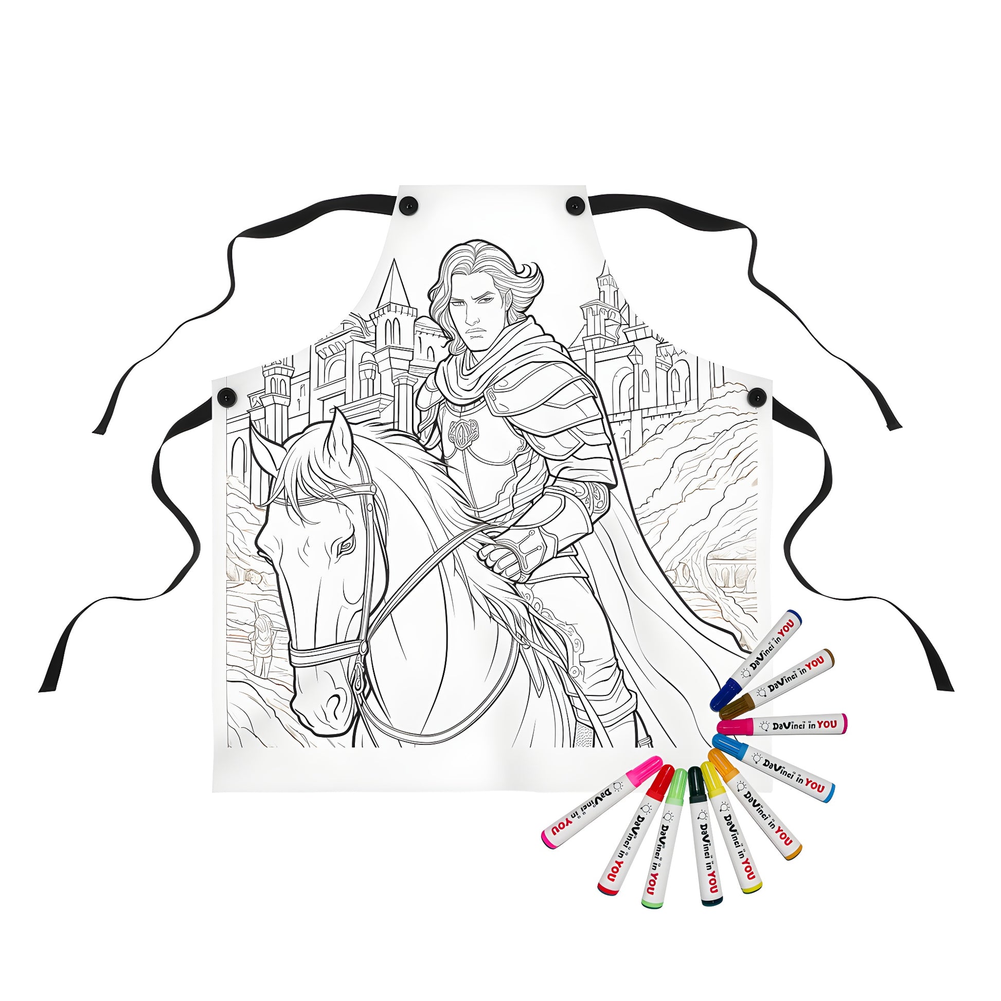 Coloring apron with a knight and horse illustration