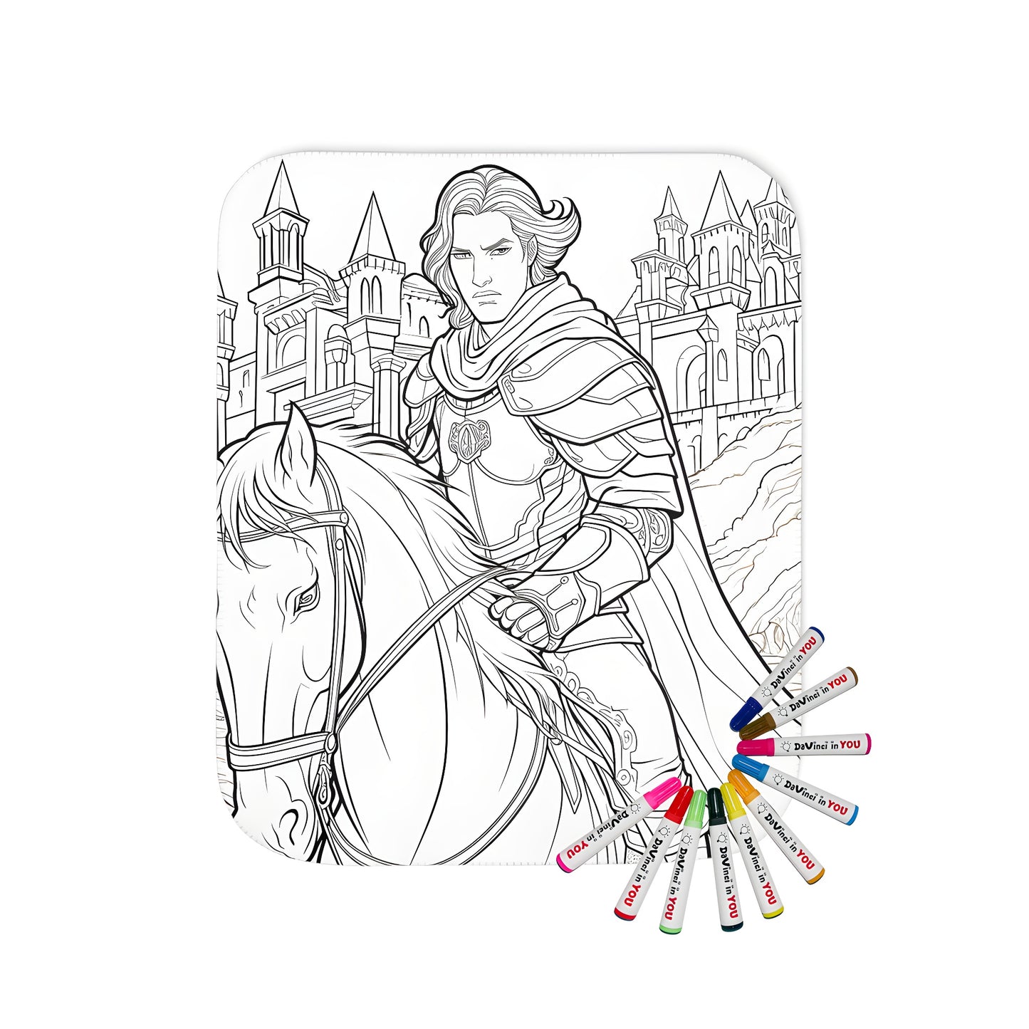 Coloring blanket featuring a knight riding horse in front of castle with mountains