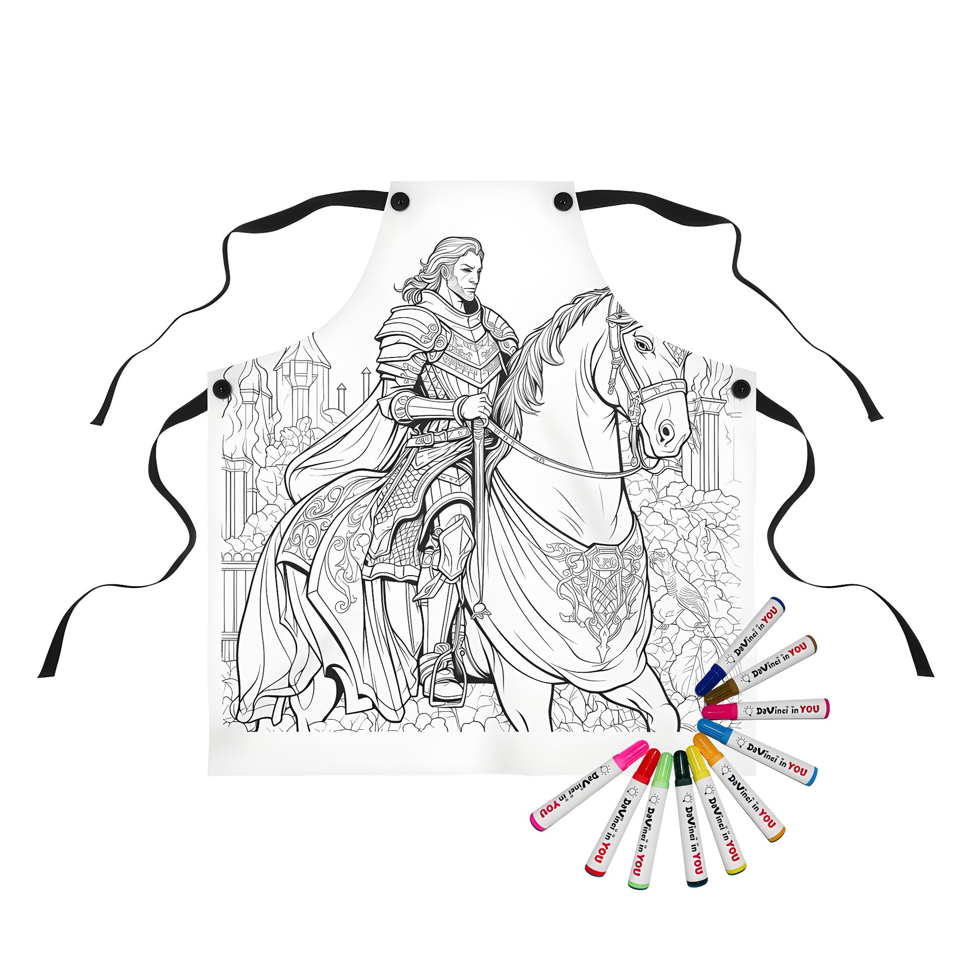 Colorful knight on horseback apron with intricate armor and detailed castle background