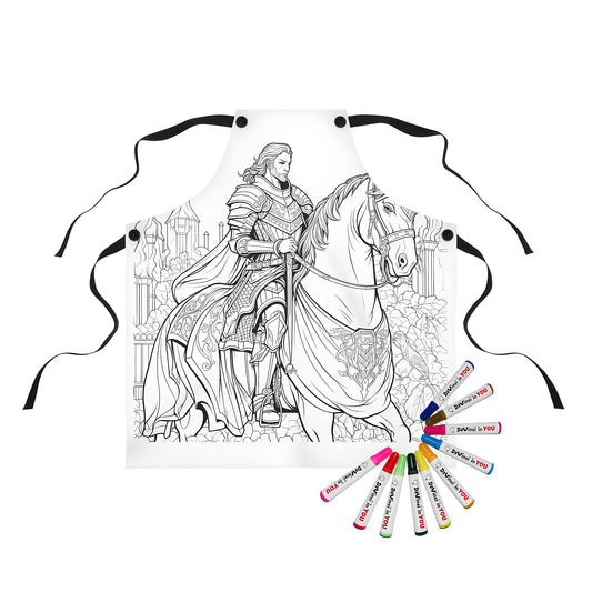 Colorful knight on horseback apron with intricate armor and detailed castle background