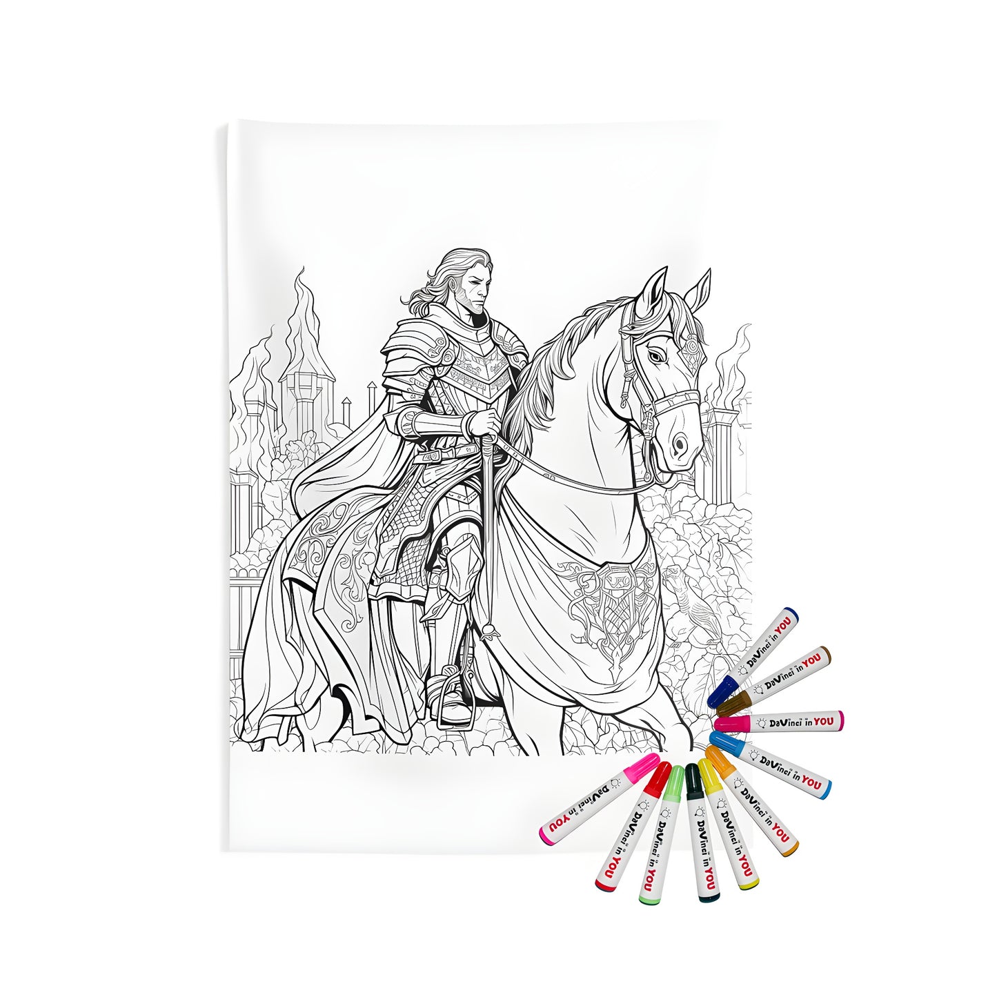 Coloring page artwork of a knight in armor riding a horse in front of a castle backdrop printed on an indoor wall tapestry