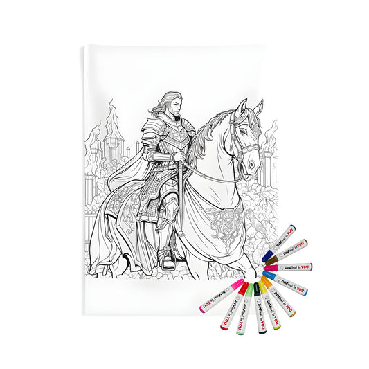 Coloring page artwork of a knight in armor riding a horse in front of a castle backdrop printed on an indoor wall tapestry