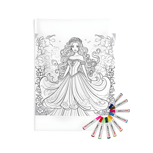 Indoor wall tapestry featuring a fantasy princess illustration with flowing hair and gown surrounded by floral designs