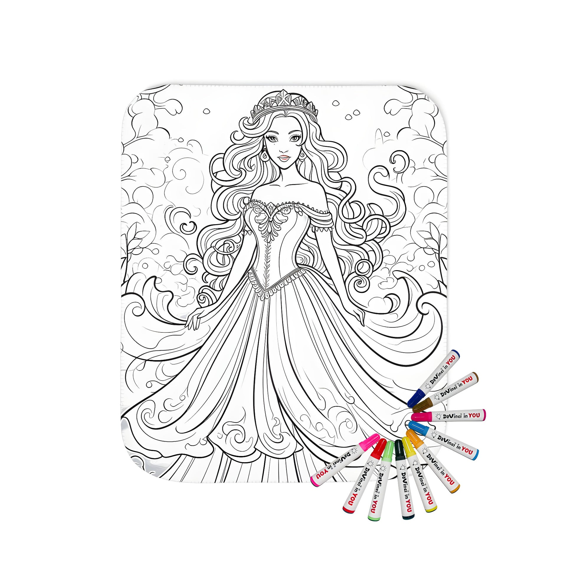 Blanket with colorful fantasy princess design featuring detailed drawing of maiden with flowing locks and gown surrounded by floral patterns