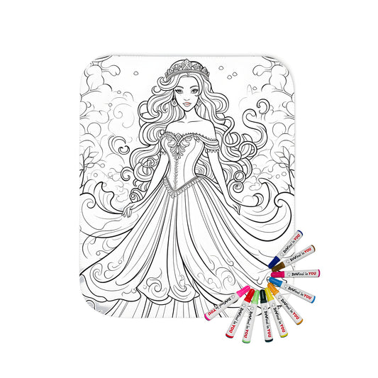 Blanket with colorful fantasy princess design featuring detailed drawing of maiden with flowing locks and gown surrounded by floral patterns