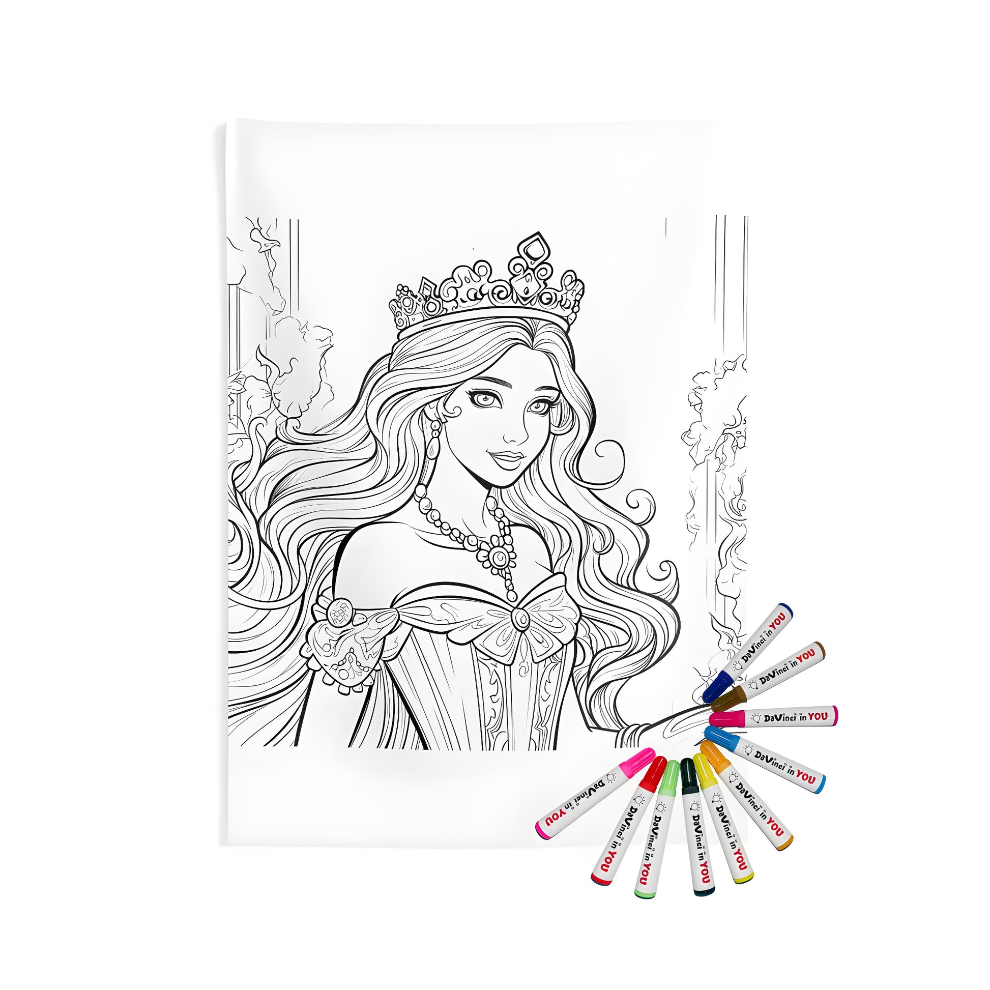 Royal Princess Coloring Page, Indoor Wall Tapestry, Adult Coloring Kit, Fabric Markers Included