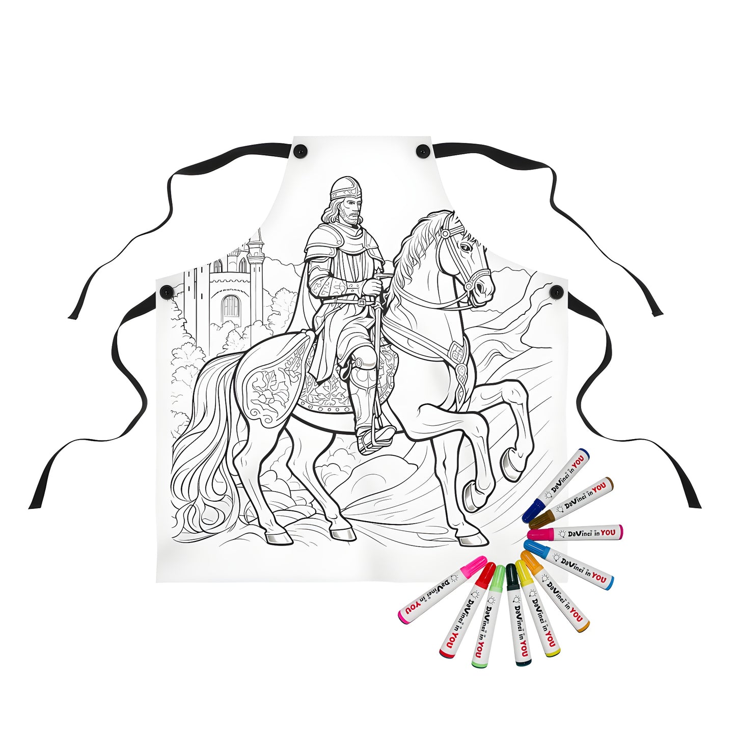 Coloring apron featuring a detailed knight on horseback with intricately designed saddle and castle backdrop