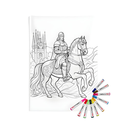 A beautiful indoor wall tapestry featuring a detailed knight riding horse with intricately designed saddle and castle background. Perfect for home decor.