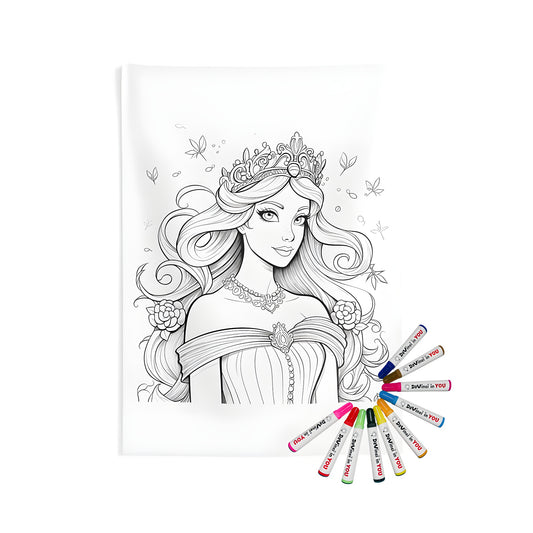 Coloring kit for adults featuring an elegant princess wall tapestry with intricate details and vibrant colors