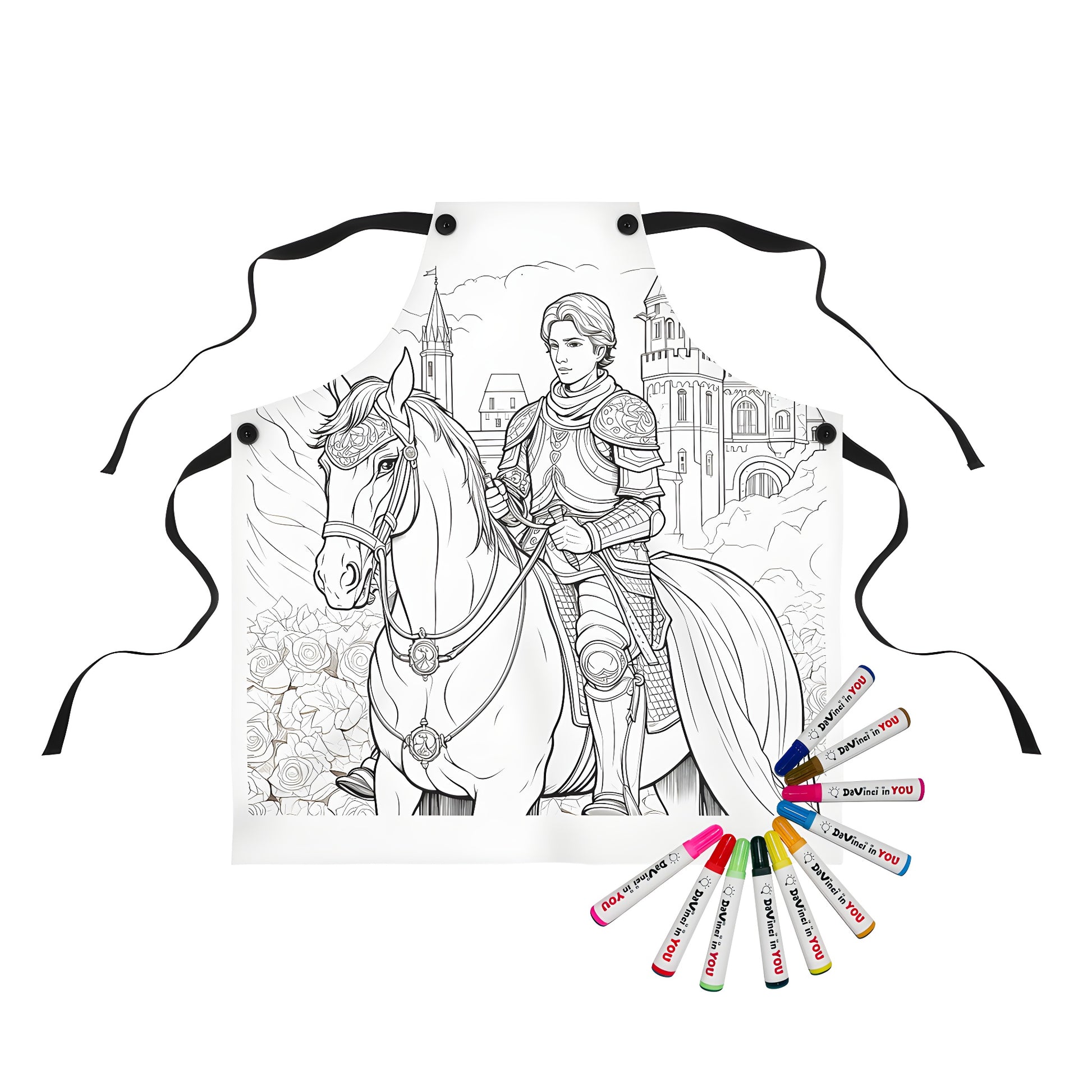 Coloring apron with medieval knight on horseback riding scene. Detailed design features castle, roses, mountains, and clouds.