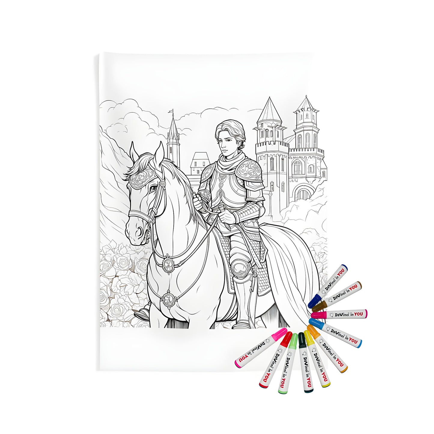 Indoor wall tapestries with medieval knight and horse illustration