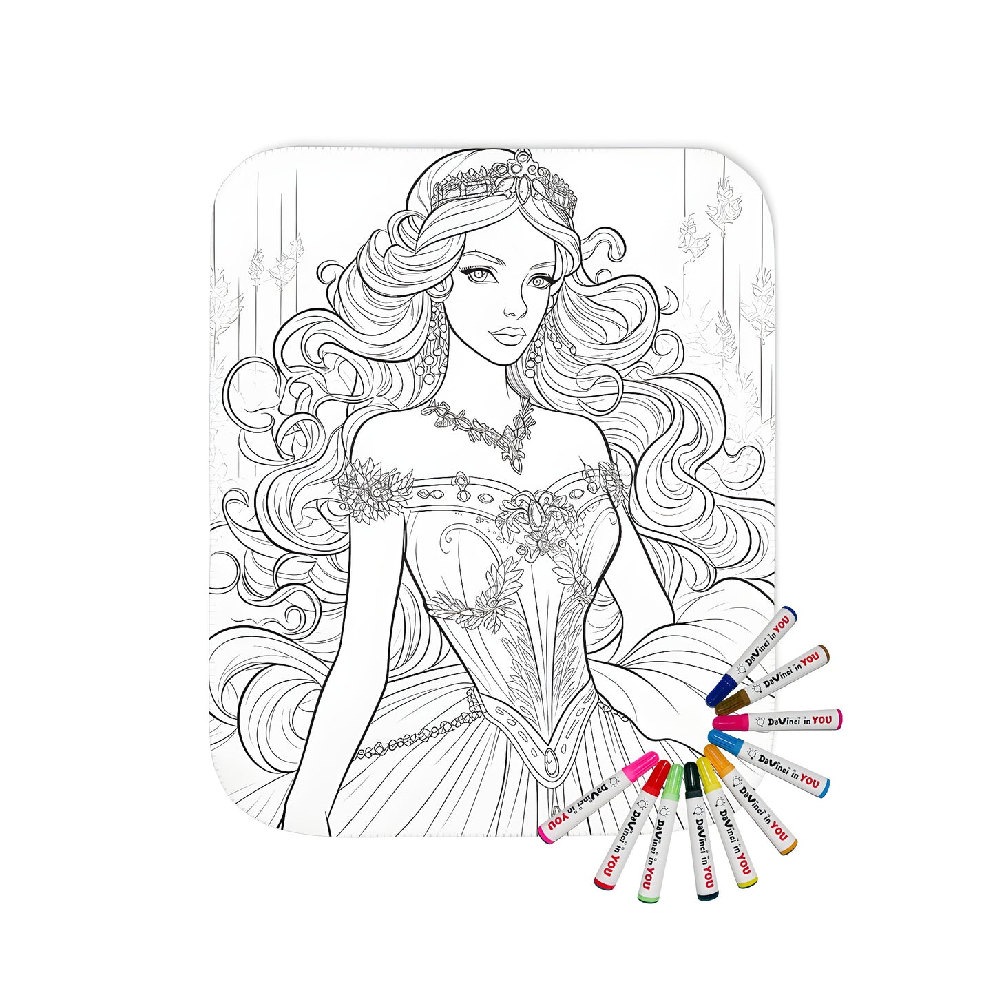 Coloring blanket with elegant princess design featuring flowing hair and detailed gown