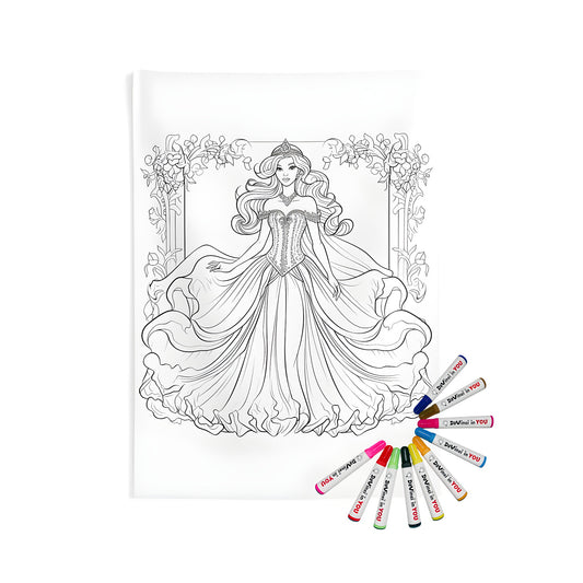 Coloring page of an elegant princess in a detailed gown and tiara, framed by ornate floral decorations