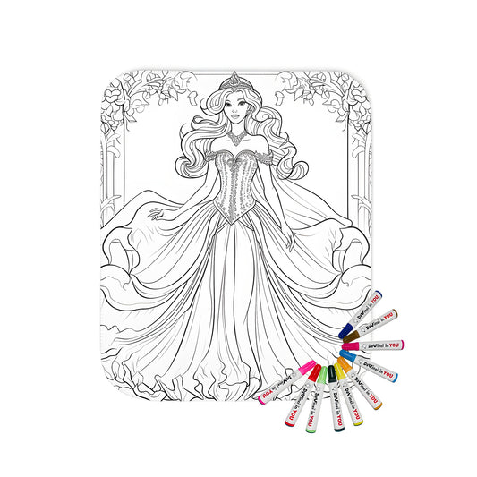 Blanket featuring an elegant princess design with detailed gown and tiara, surrounded by ornate floral decorations, ideal for coloring