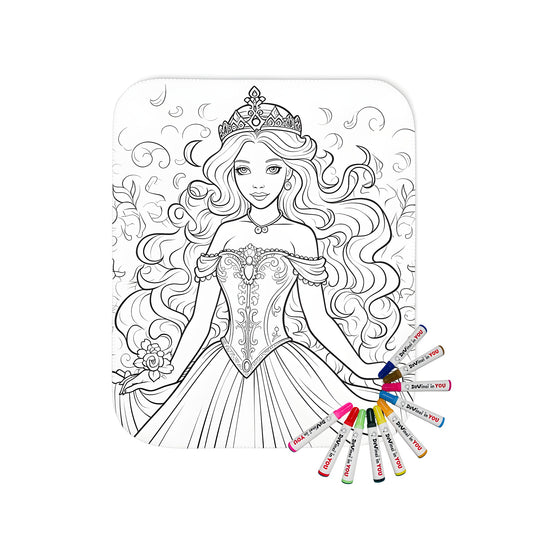 Blanket coloring page featuring royal princess design, detailed fabric art with crown, elegant gown, long flowing hair and floral patterns