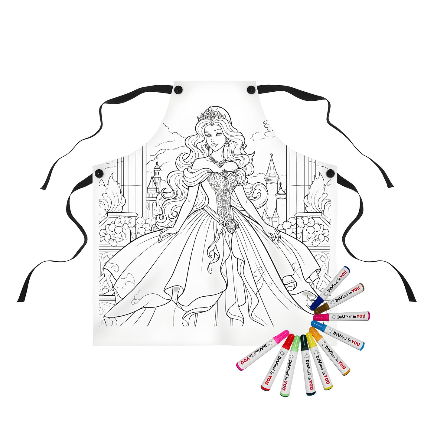 Apron with colorful Princess and Castle design, featuring intricate details and vibrant colors