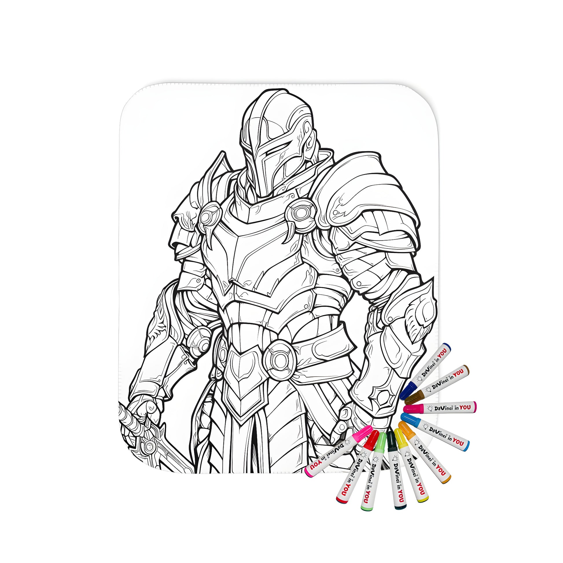 Coloring blanket featuring a medieval armored knight illustration