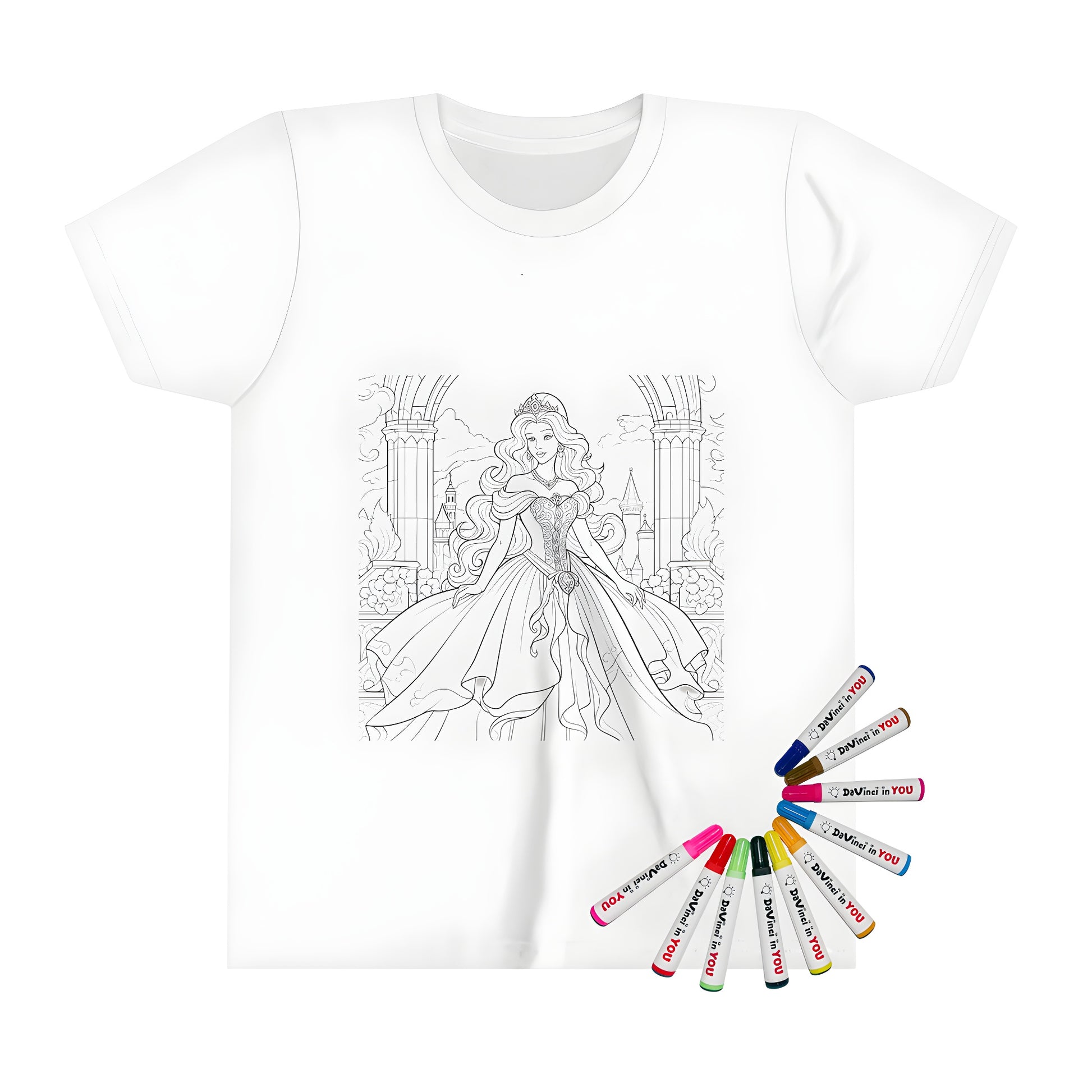 Kids' coloring page t-shirt with princess and royal castle illustration