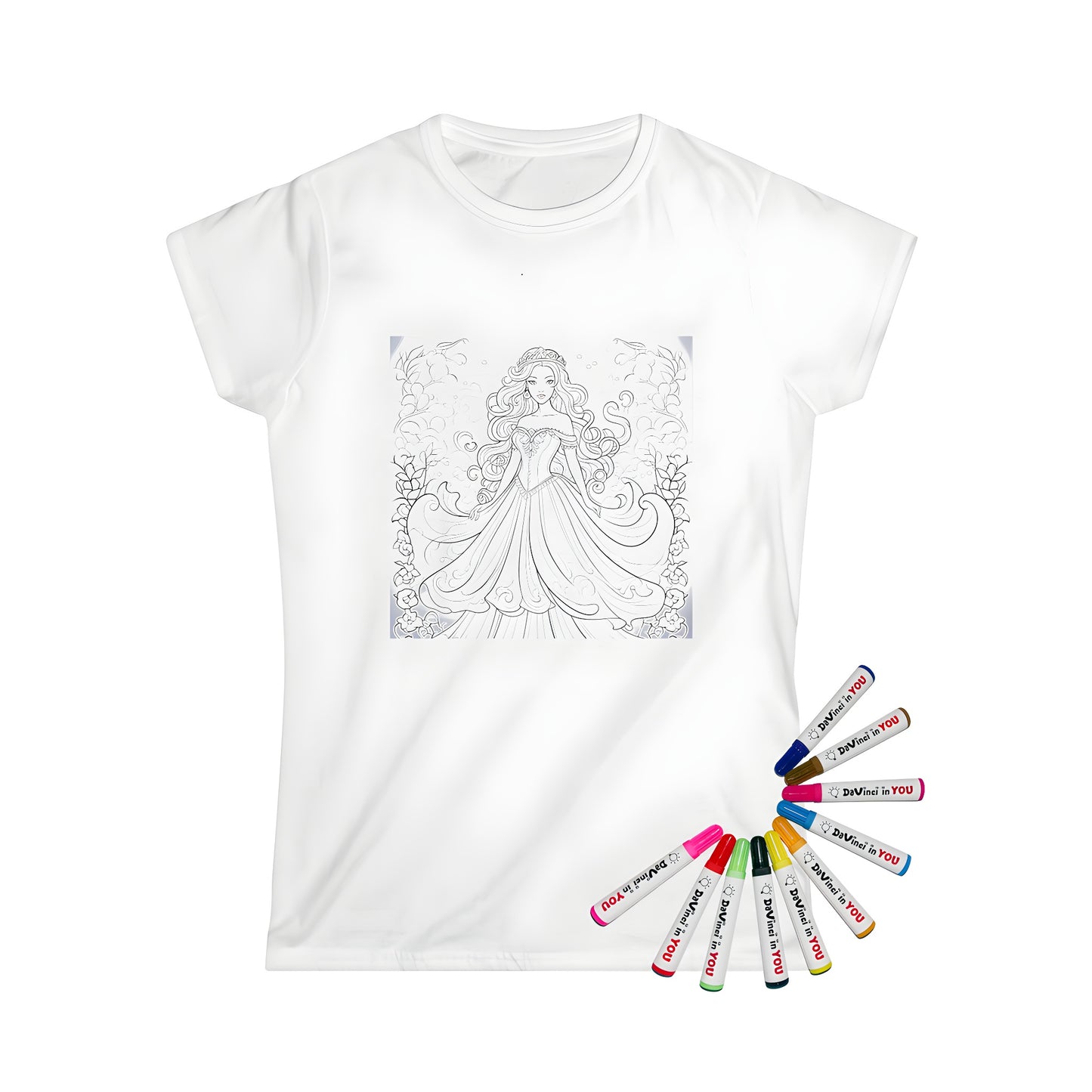 Women's t-shirt with fantasy princess coloring page design, featuring a detailed drawing of a princess with flowing hair and gown, surrounded by floral patterns. Perfect for fans of fairy tale royalty.