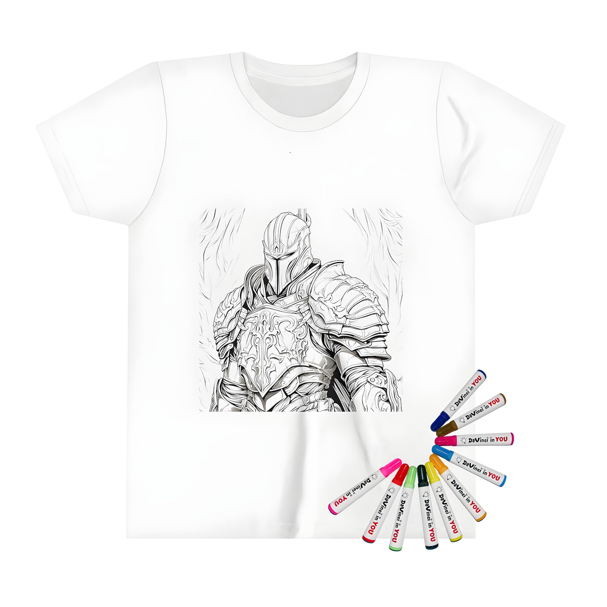 A kid's t-shirt featuring an armored knight illustration for coloring, perfect for imaginative play and creative expression.