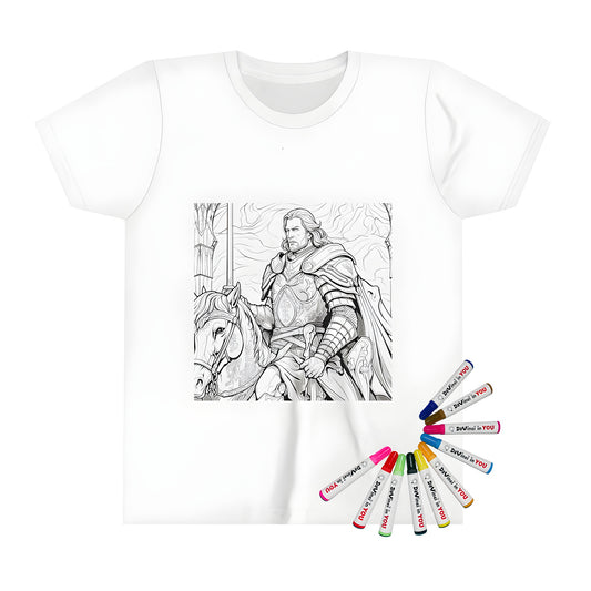 Colorful t-shirt for kids featuring an armored knight on horseback illustration