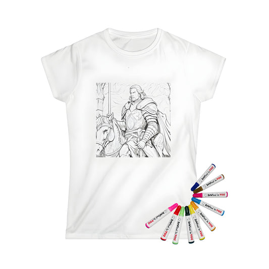 A colorful Women's T-shirt featuring an intricate knight in armor riding a horse, holding a sword and filled with medieval details