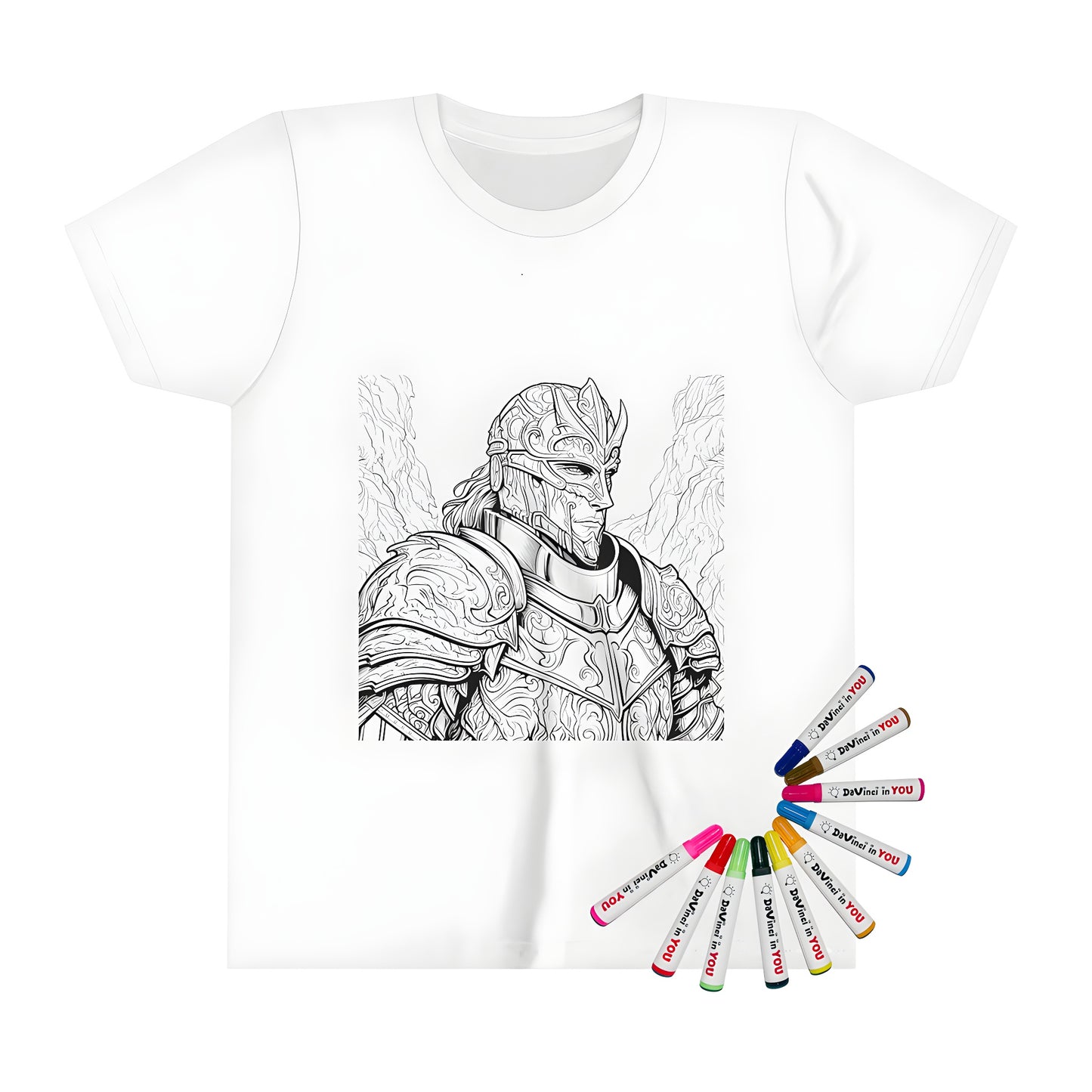 Colorful Kid's T-shirt with a detailed illustration of a medieval knight and castle, featuring vibrant fabric markers