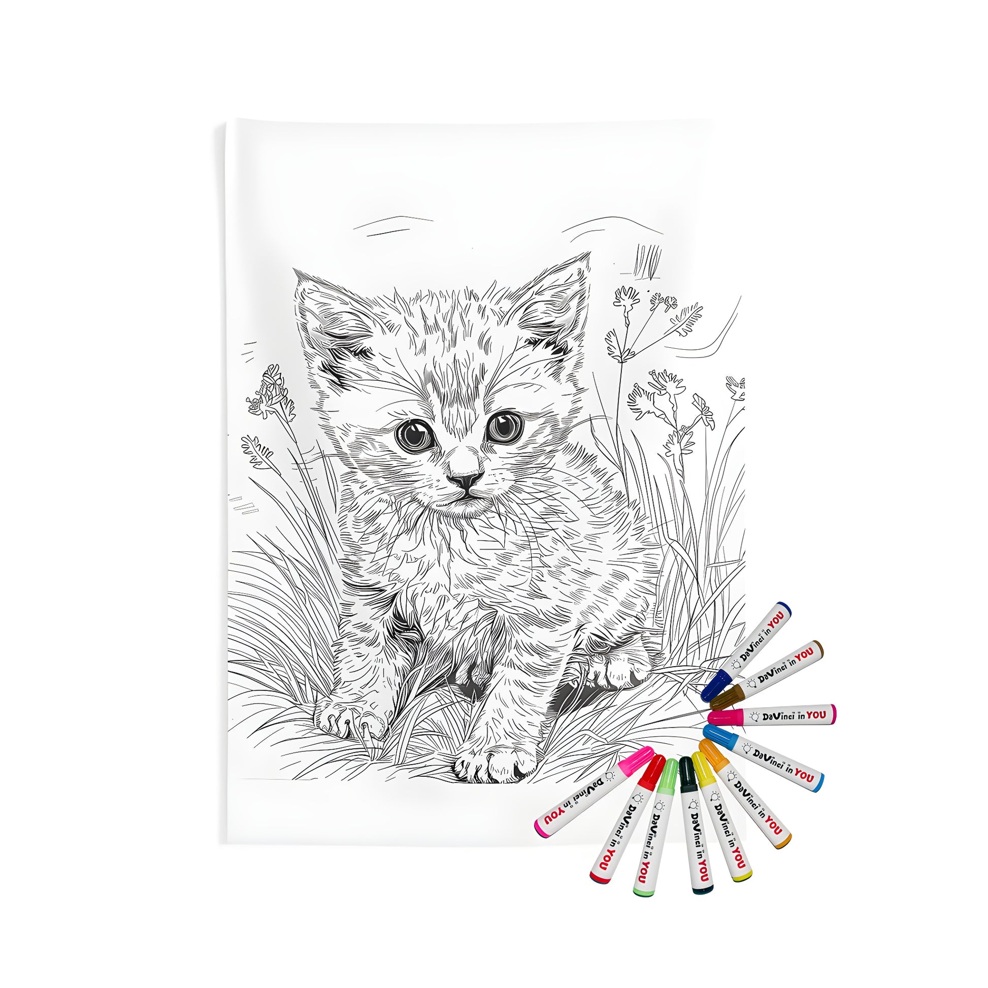 Colorful kitten wall tapestry design with detailed black and white sketch of a cat sitting in tall grass with flowers. Perfect for indoor decoration.