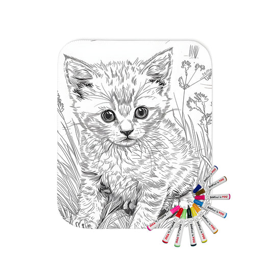 Whimsical blanket featuring a cute cat design, detailed black and white sketch of a kitten sitting in tall grass surrounded by colorful flowers