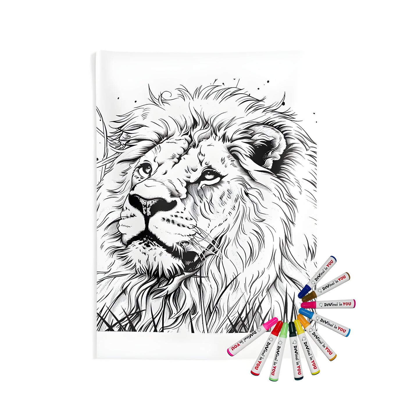 A beautiful detailed black and white illustration of a lion's face, showcasing its majestic mane and piercing gaze. Also featuring an indoor wall tapestry for a cozy home decor, with a vibrant coloring kit including 10 fabric markers.