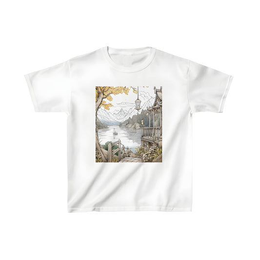 Colorful kid's t-shirt featuring a serene lake scene with sailboat and mountains