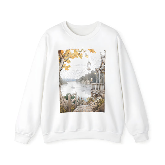 Adult Sweatshirt with serene lake landscape featuring sailboat, surrounded by mountains, cabin deck, and autumn tree leaves