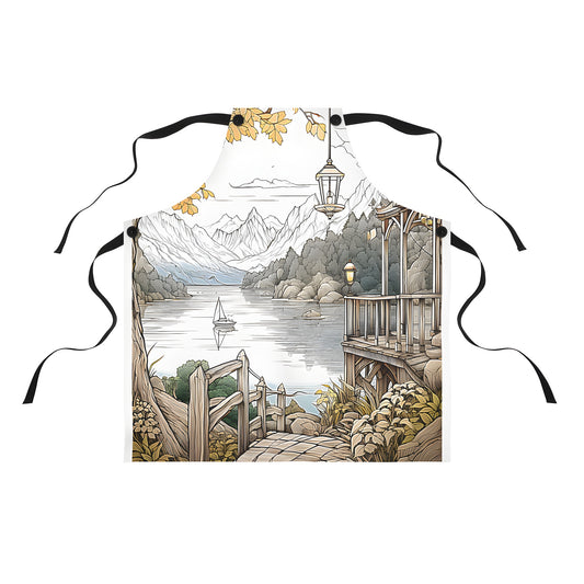 A colorful scenic landscape apron featuring a serene lake scene with sailboat and mountains