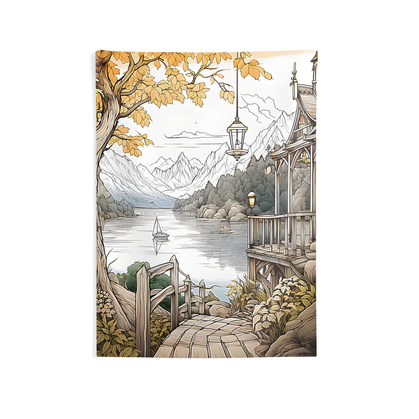 Indoor wall tapestries of serene scenic landscape featuring lake sailboat mountains cabin deck tree autumn leaves