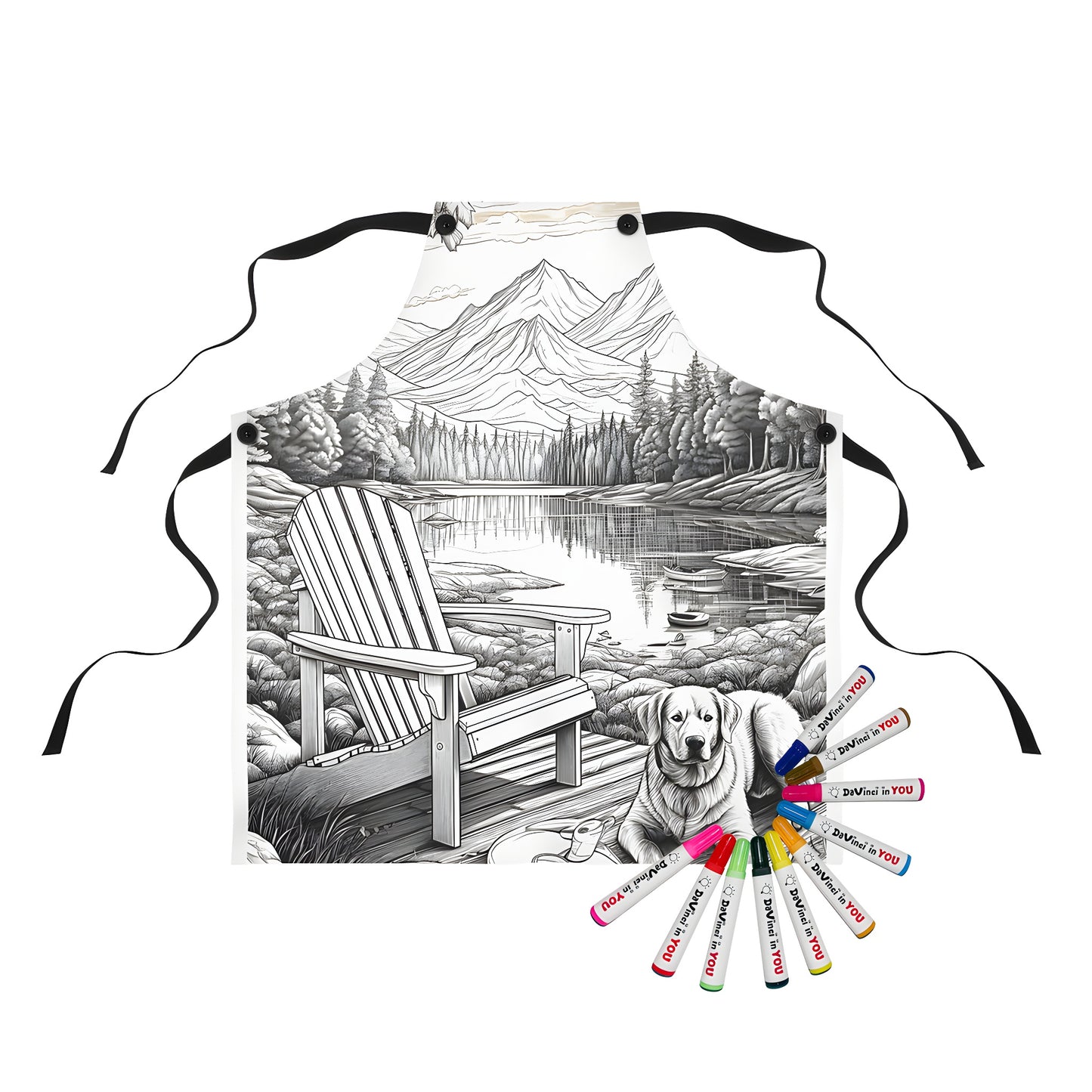 Tranquil lake scene apron with wooden chair, dog, trees, boats, and mountains