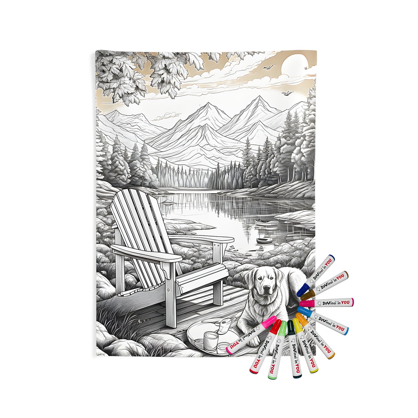 Indoor wall tapestry featuring a tranquil mountain lake scene with a dog, wooden chair, and surrounding trees, boats, and mountains