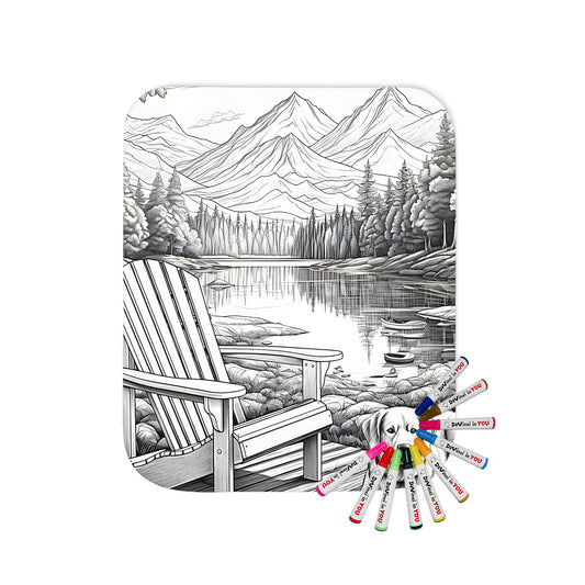 A cozy blanket featuring a serene lake scene with a dog and wooden chair, surrounded by trees and mountains