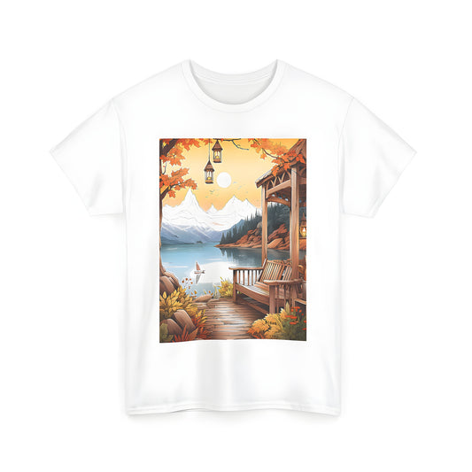 Autumnal lake scenery printed on comfortable unisex t-shirt