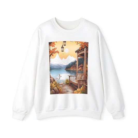 Colorful Adult Sweatshirt featuring a serene autumn scene with a lake, mountains, and wooden deck