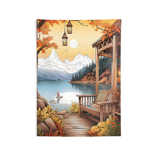 Colorful autumn scene wall tapestry featuring serene lake, majestic mountains, cozy wooden deck, and hanging lanterns. Perfect home decor for indoor spaces with a lakeside autumn theme.