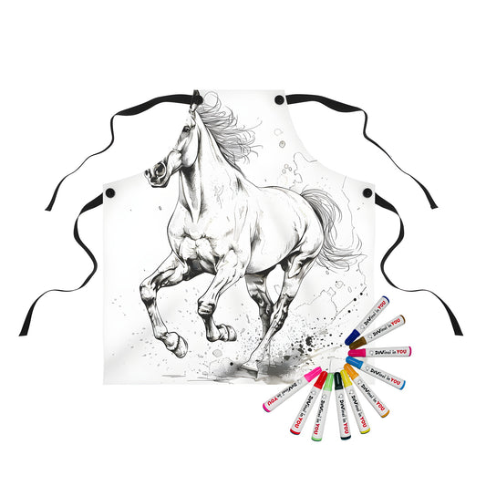 Coloring kit apron featuring a black-and-white sketch of a galloping horse with detailed mane and muscles