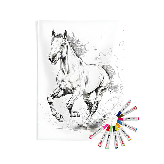 Indoor wall tapestry featuring a black-and-white sketch of a galloping horse with detailed mane and muscles, perfect for art therapy and decoration.