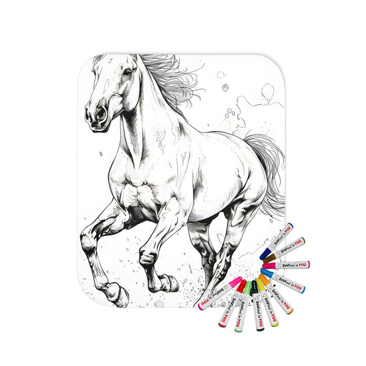 Colorful blanket featuring a vibrant depiction of a galloping horse, detailed with flowing mane and strong muscles