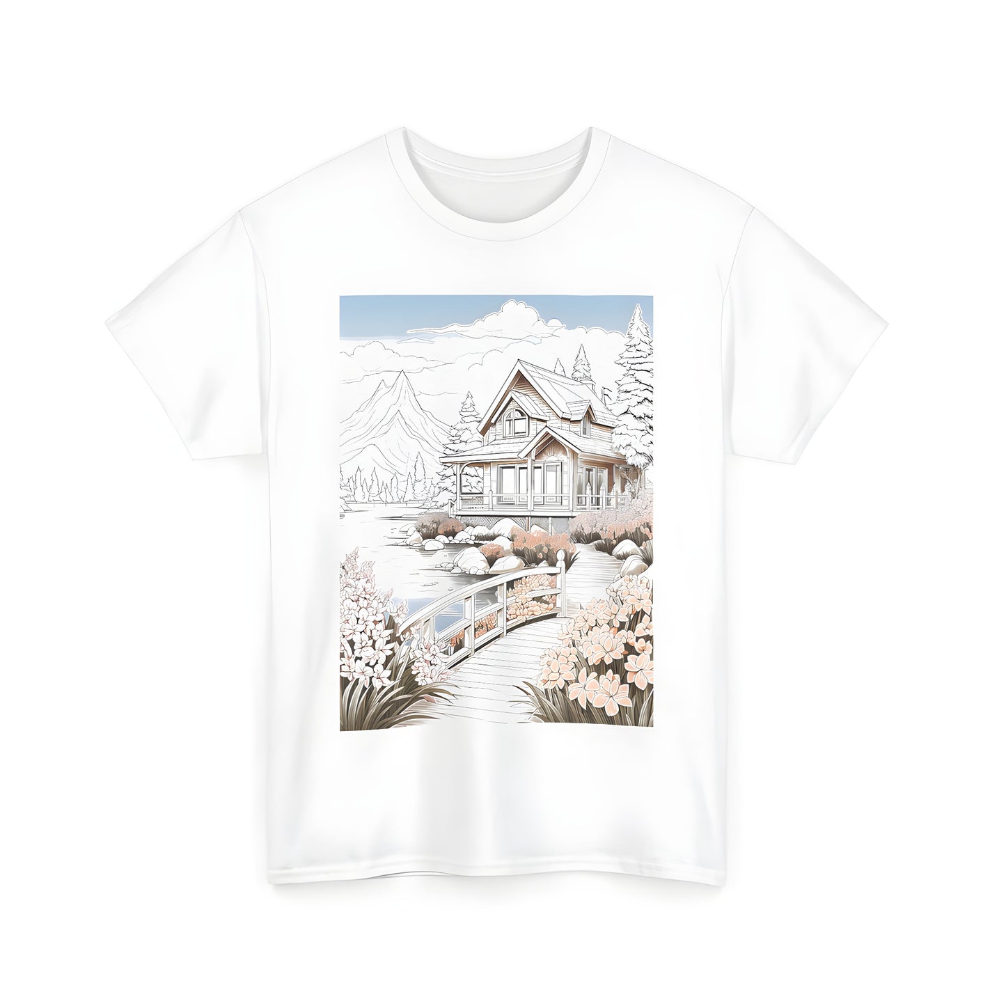 Cozy lakeside getaway-inspired unisex t-shirt featuring scenic mountain lodge design