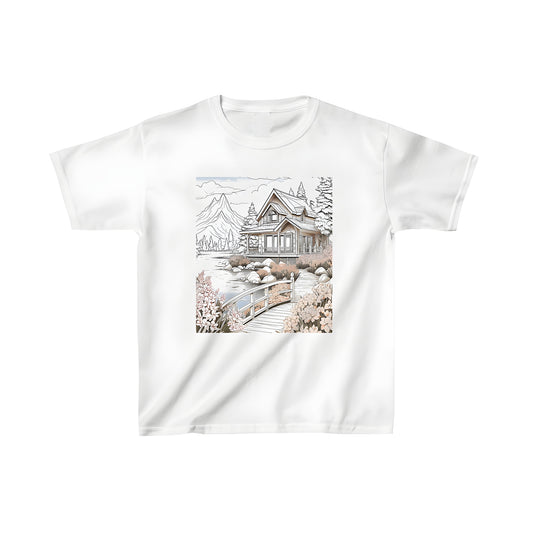 Colorful kid's t-shirt featuring a scenic design of a cozy mountain lodge by a lake with surrounding flowers and trees, perfect for little ones who love the great outdoors.