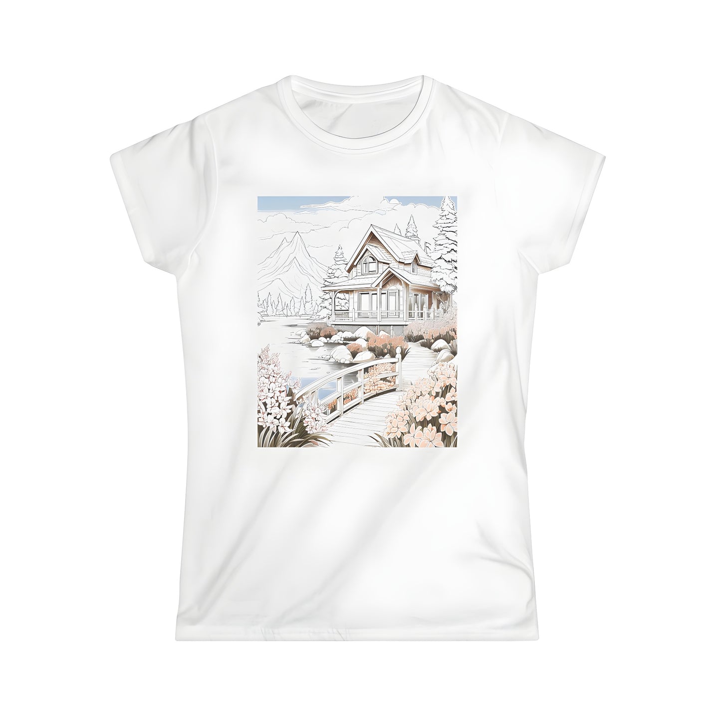 Colorful women's graphic tee featuring a scenic mountain retreat by a serene lake with vibrant flowers and trees, along with a charming wooden bridge - perfect casual wear for outdoor enthusiasts