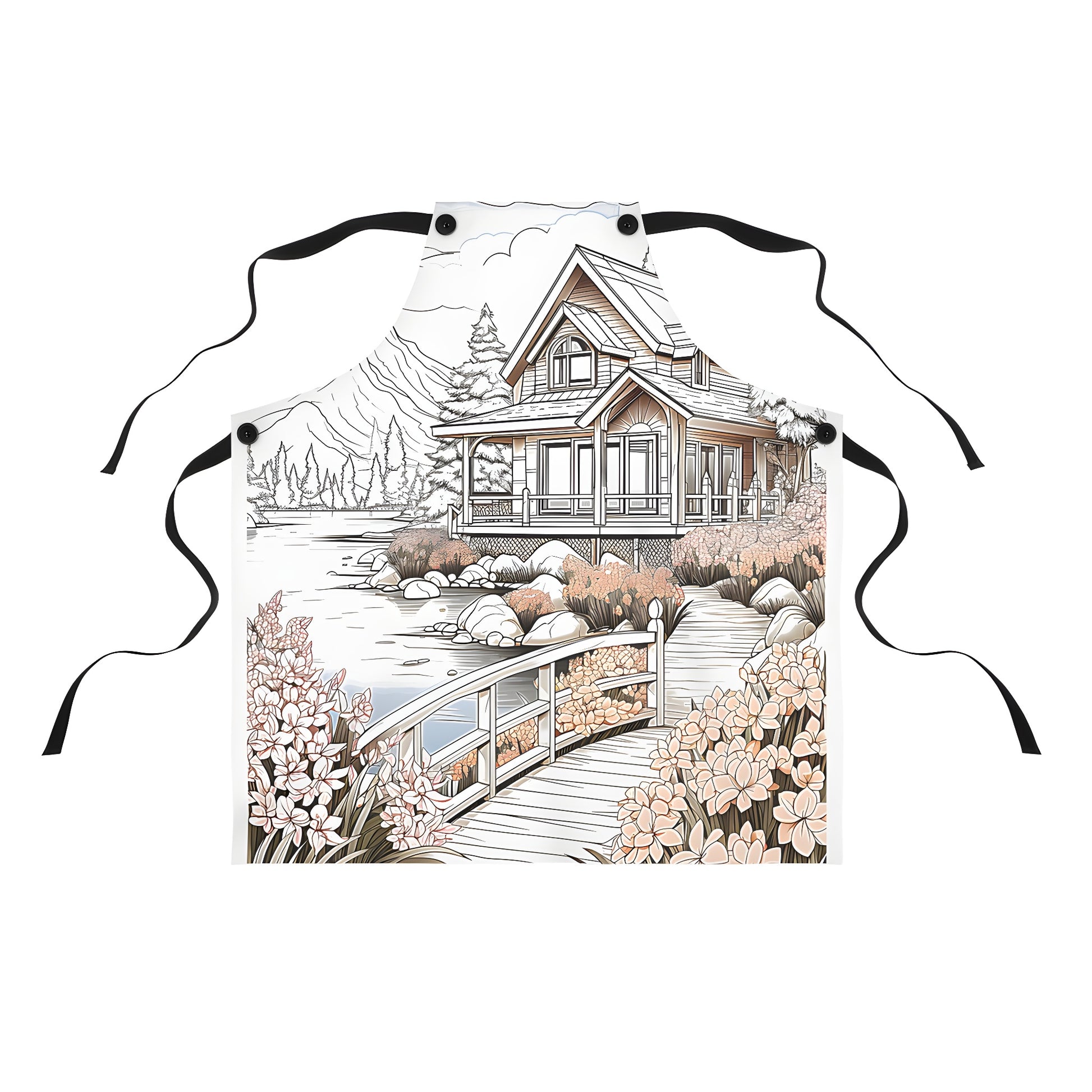 Colorful apron featuring a scenic cabin by a lake scene with flowers, trees, and a wooden bridge - perfect for outdoor enthusiasts, nature lovers, and anyone who adores mountainous scenery.