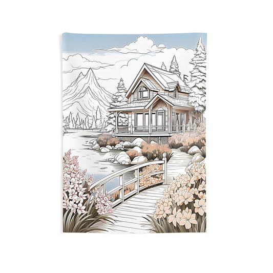 Indoor wall tapestries featuring a scenic cozy cabin by a serene lake with vibrant flowers and trees, perfect for home decor