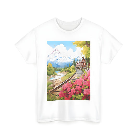 Colorful mountain landscape shirt with railroad tracks, cabin, flowers, trees, and a river. Perfect casual wear for men and women.